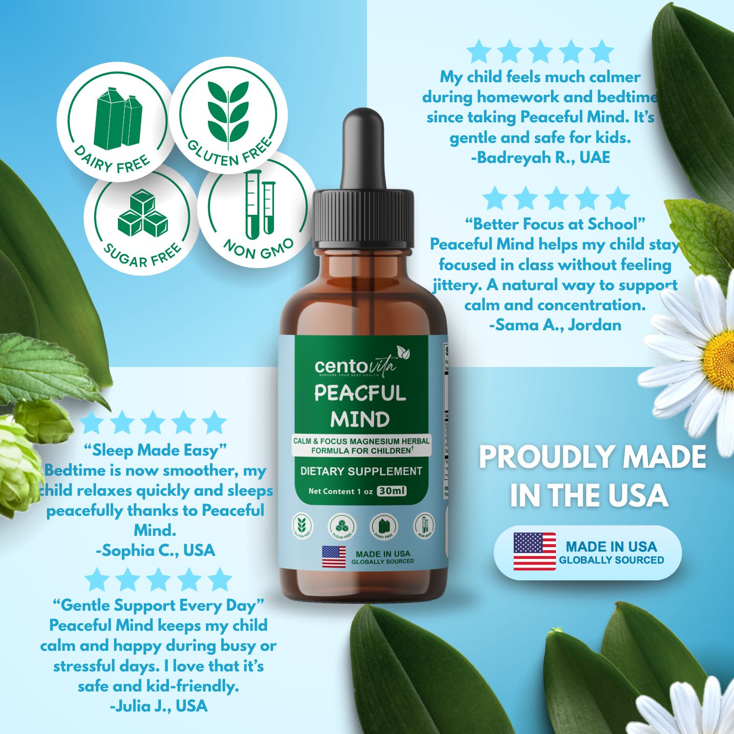 Peaceful Minds – Children’s Calming Supplement with Magnesium & Herbal Blend for Focus | Centovita