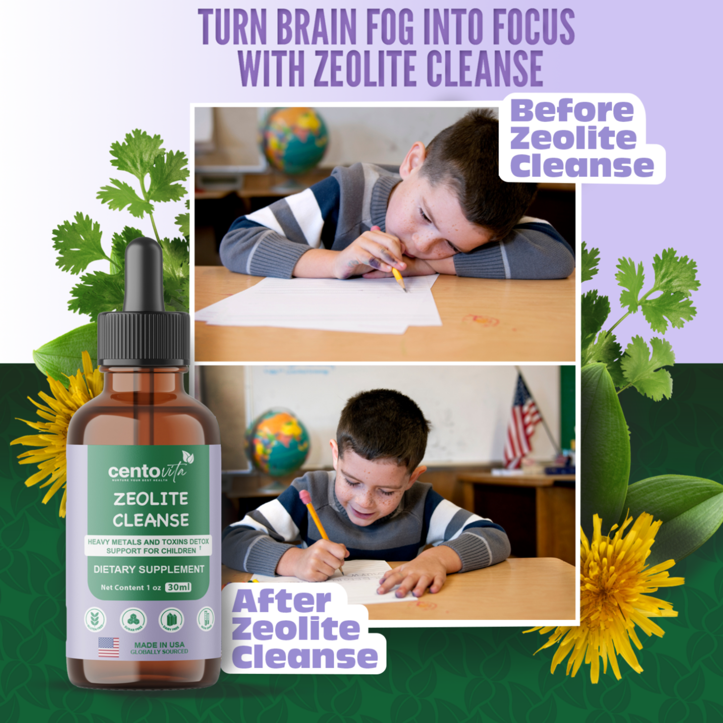 Zeolite Cleanse gentle heavy metal and toxin detox drops for kids ‚Centovita Development Booster ‚ Made in USA ‚Autism support supplement